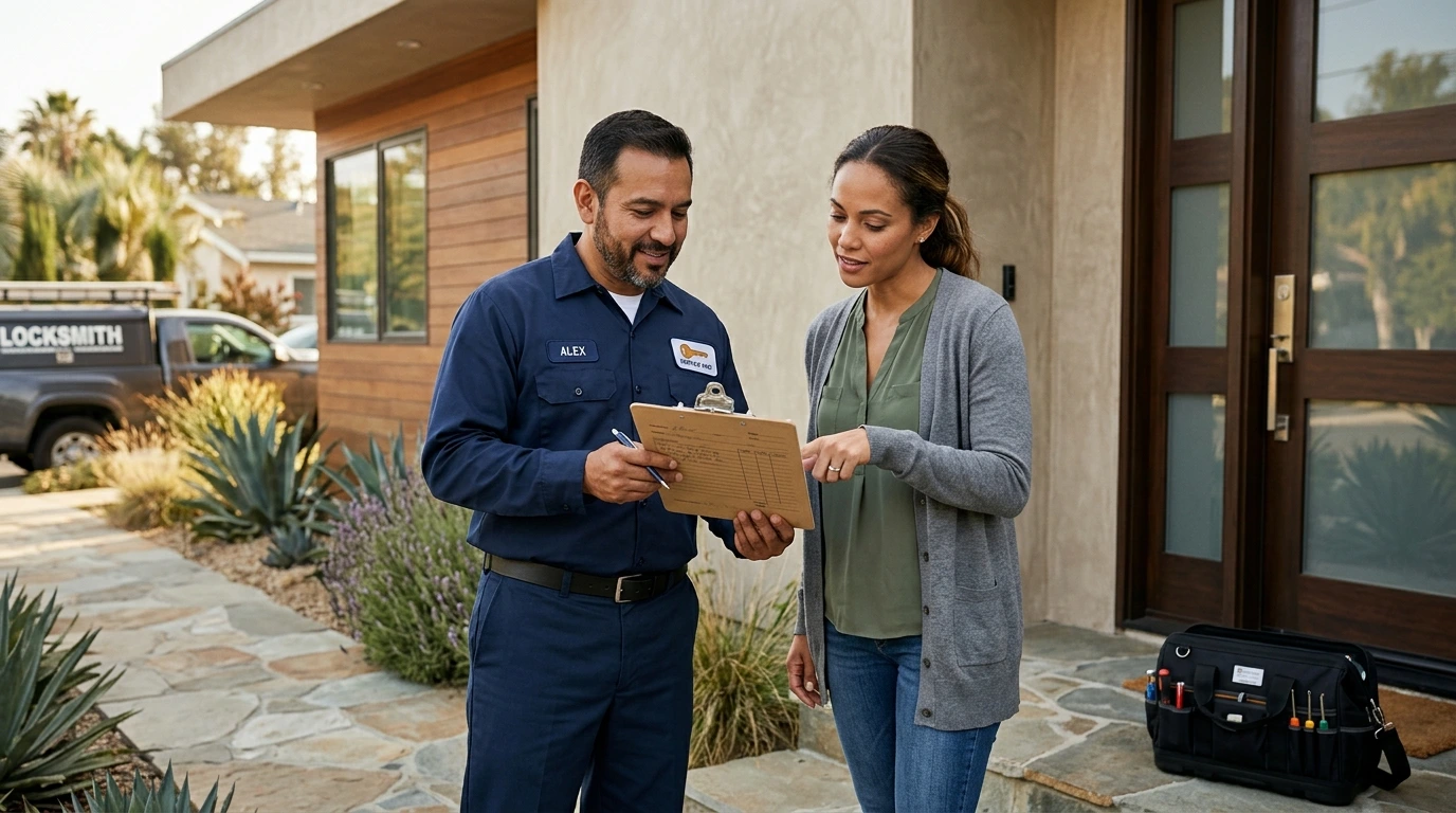 Locksmith showing a written service estimate to a homeowner before beginning door lock repair